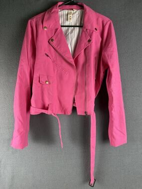 Anthropologie Dolan Hot Pink Linen Moto Jacket Belted Barbiecore Women's Size L